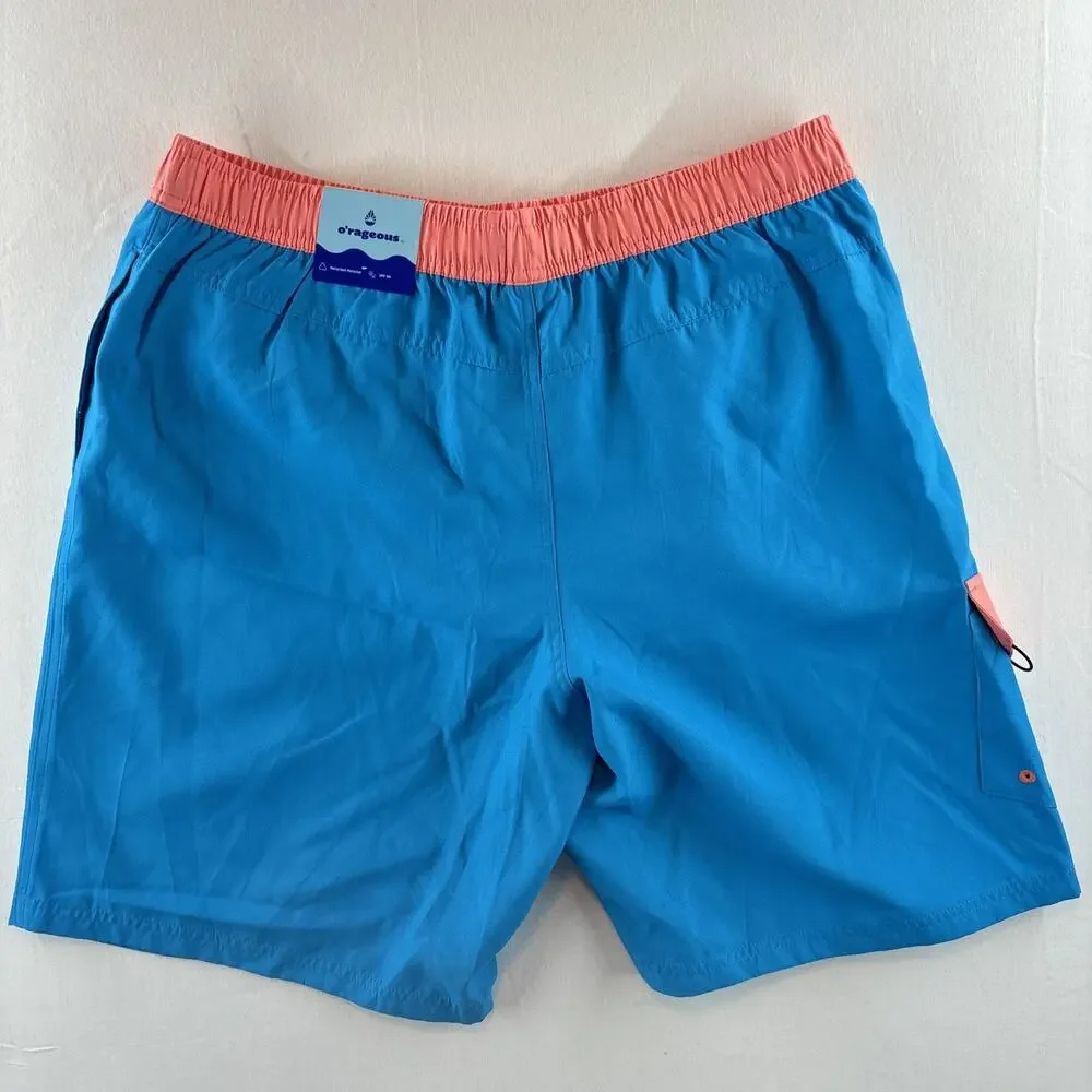 NWT Orageous Men's Orange Blue Print Lined Swim Trunks/Board Shorts -Size Large
